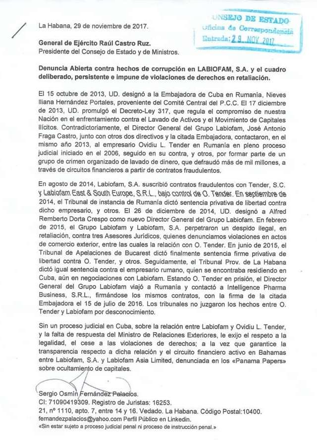 Denuncia enviada a Raul Castro