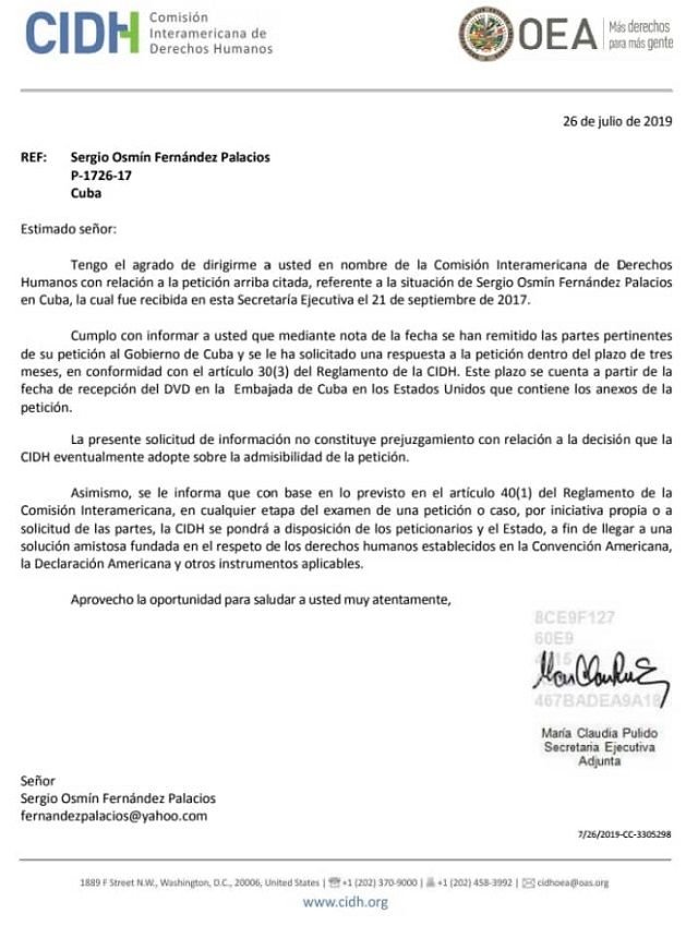 Respuesta enviada por Comision interamericana DDHH