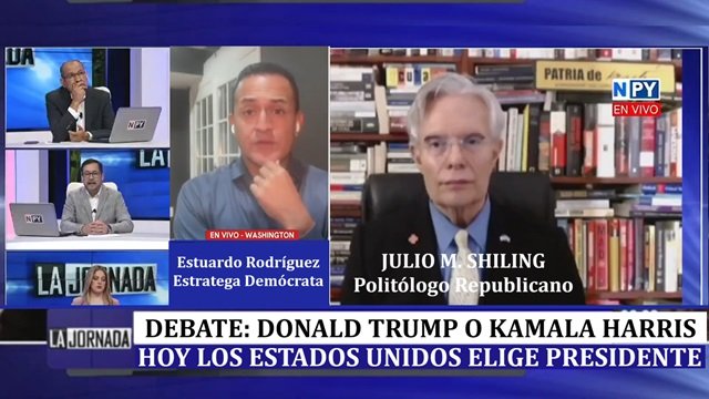 Trump o Kamala Julio M Shiling republicano debate con Estuardo Rodriguez democrata